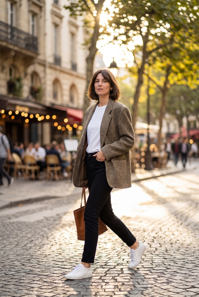Femme portant un look mix vintage et moderne avec blazer beige oversized, t-shirt blanc, jean noir et baskets blanches dans les rues de Paris